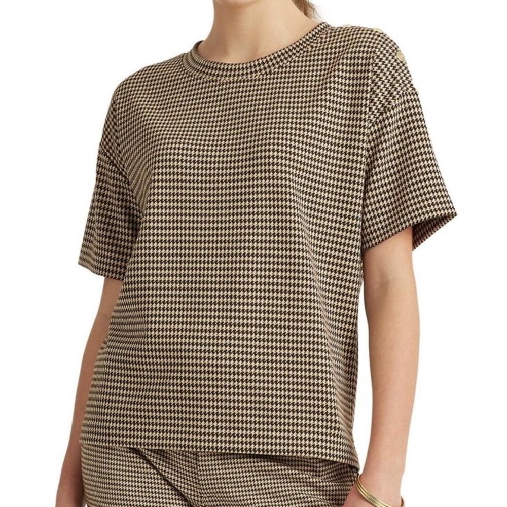 NWT! Lauren Ralph Lauren Brown Houndstooth Short Sleeve Top size L